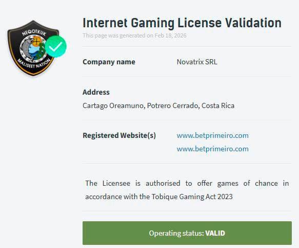 betprimeiro casino license